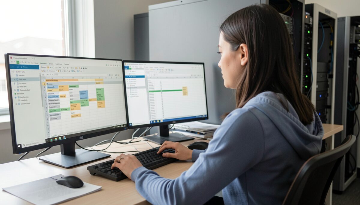 Digital collections officer reviewing column mapping spreadsheets on two monitors in a server adjacent workroom. Illustrative image, generated with AI.