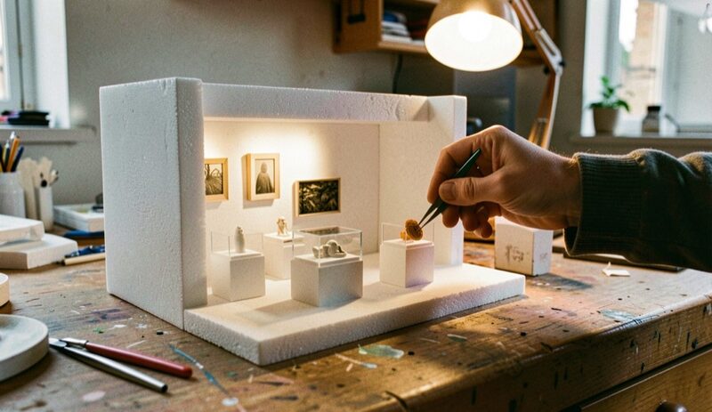 A white foam board scale model of a gallery on a workshop table, miniature plinths, display cases and framed pictures inside, a hand placing a tiny object with tweezers under a desk lamp