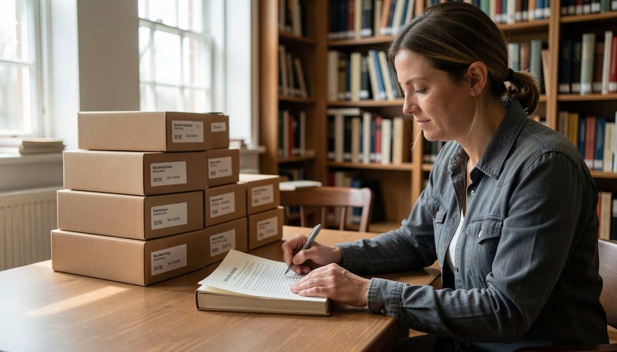 Researcher annotating a printed finding aid beside archive boxes in a reading room. Illustrative image, generated with AI.