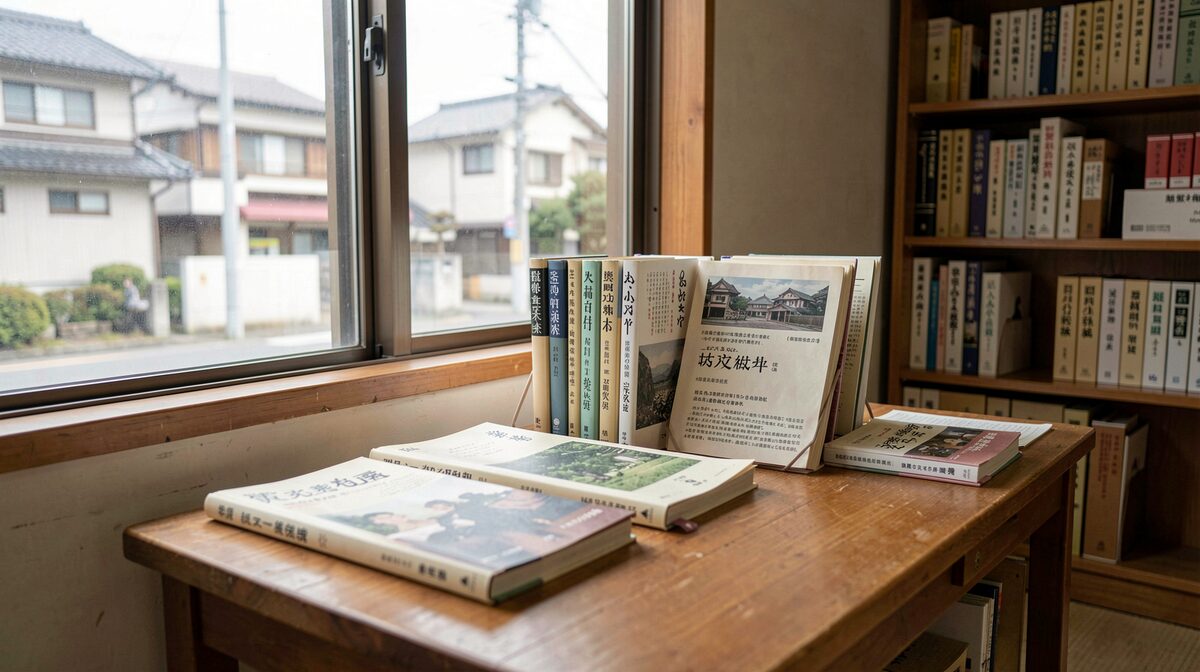 A quiet reading table beside a window in a Japanese municipal archive, with local history volumes and bound periodicals under soft morning light, shot straight on at eye level.