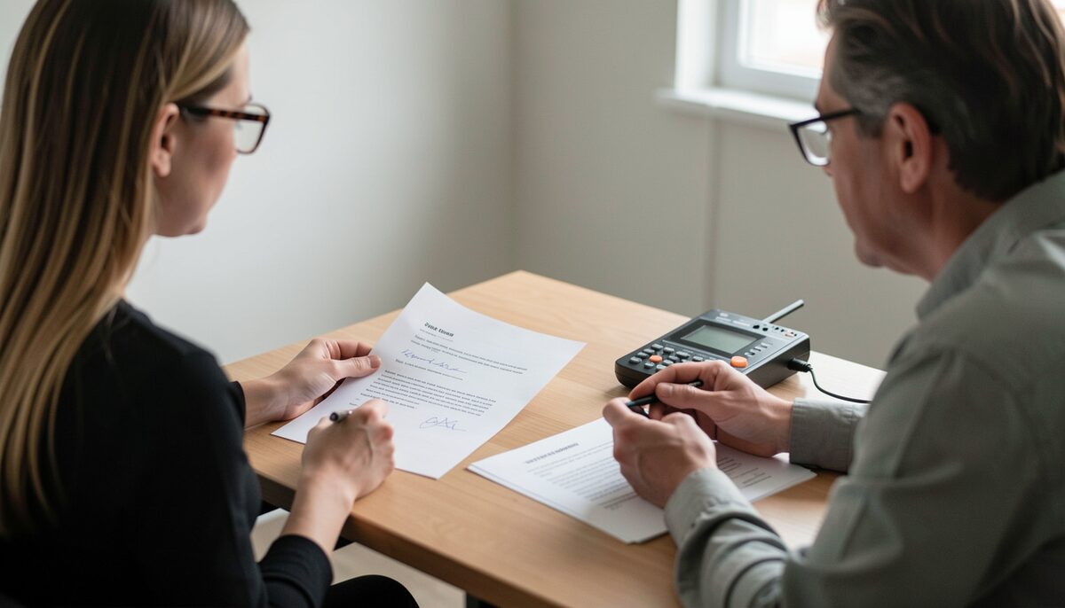 Interviewer and narrator reviewing a signed consent form and a recorder on a table in a quiet room. Illustrative image, generated with AI.
