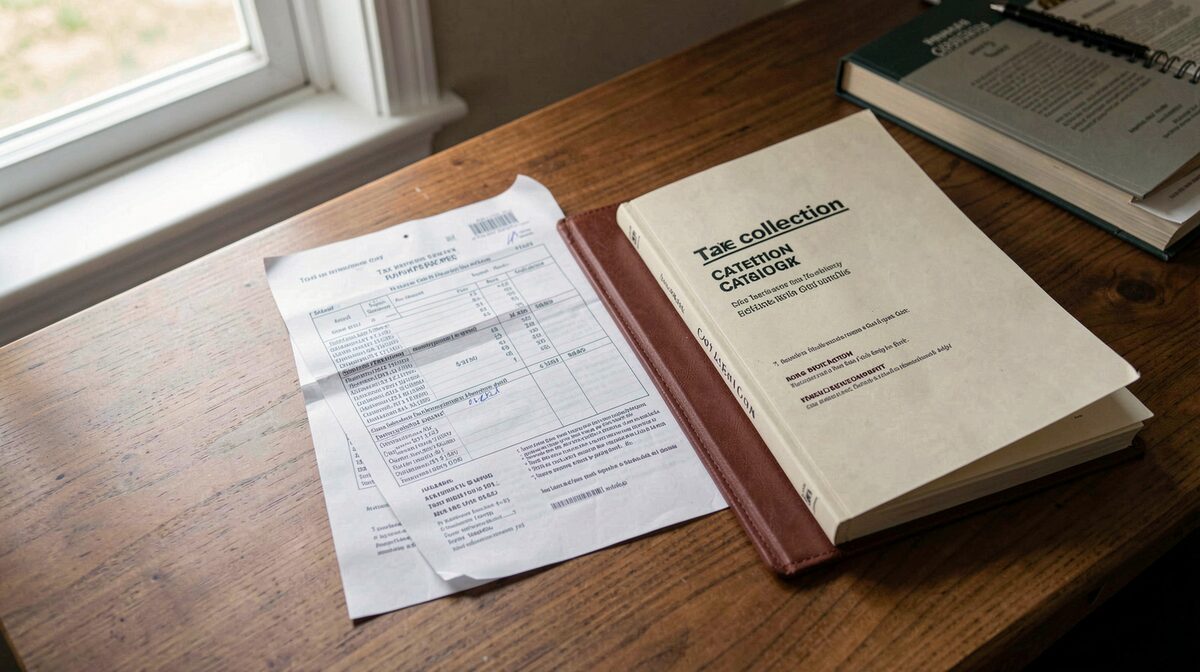 A museum office desk with printed tax reference documents beside a collection catalogue notebook, lit by daylight from a nearby window, framed as a close top-down view.