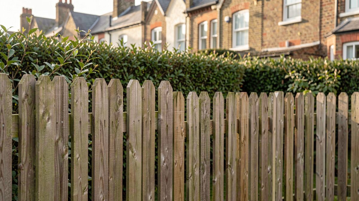 A close-up of a well-kept wooden garden fence at the boundary of a UK terraced house, photographed in soft morning light with a hedge visible behind it.