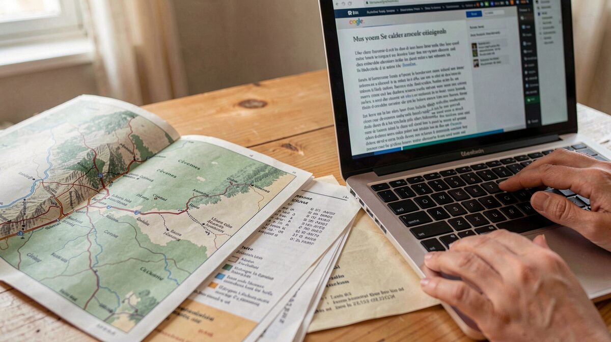 A reader's desk with a printed map of the Cévennes open beside a laptop showing an article page, morning side light, close framing on the hands and map legend.