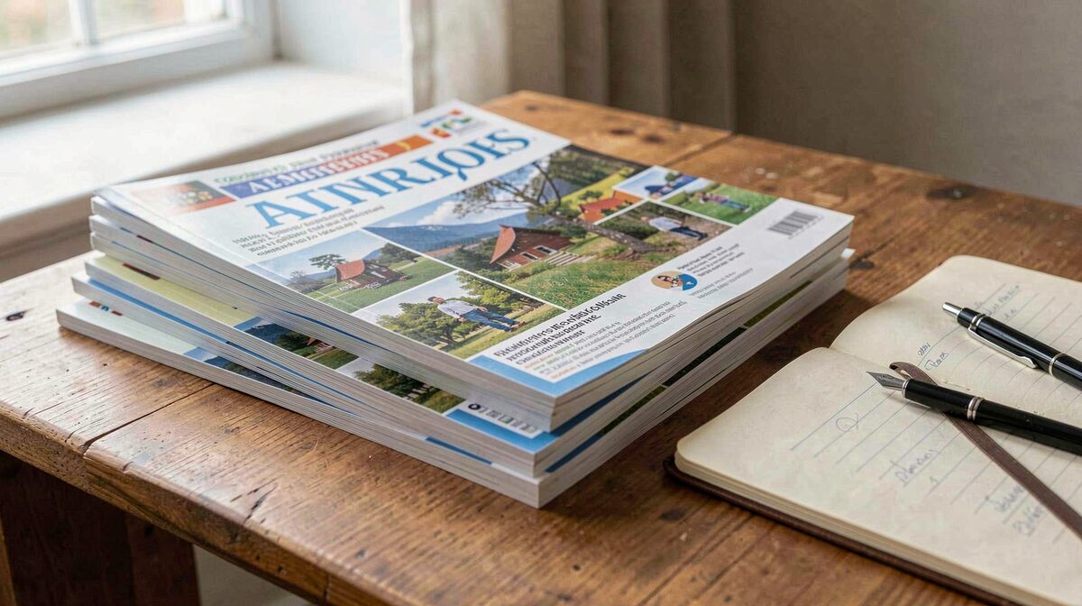 A stack of printed regional hobby magazines on a wooden reading table beside a notebook and pen, lit by soft daylight from a nearby window, photographed in close-up at a slight angle.