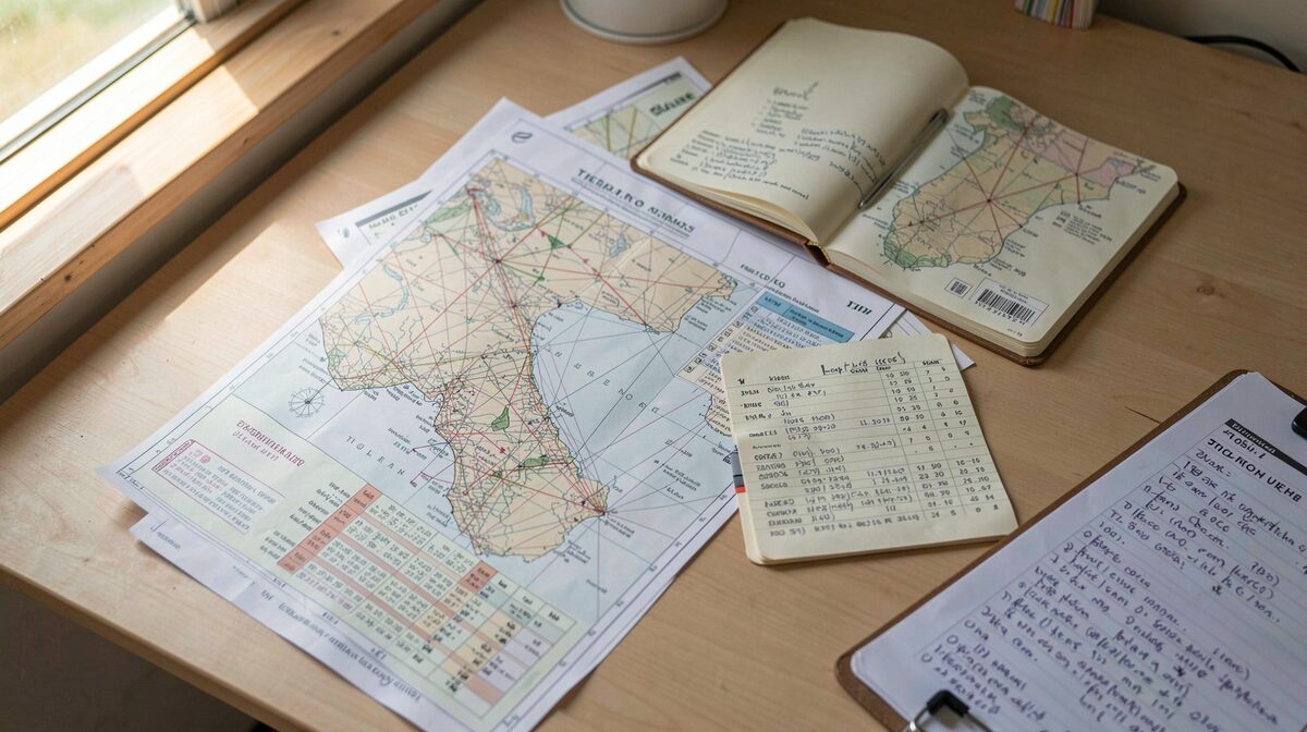 A flat desk with printed nautical charts, a tide table and a notebook under daylight from a window, photographed from above with a clipboard of field notes at the edge of the frame.