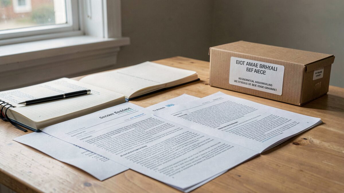 A researcher's desk with printed webpages, a notebook and an archive box label, lit by window light in a neutral reading room, framed close on the papers.