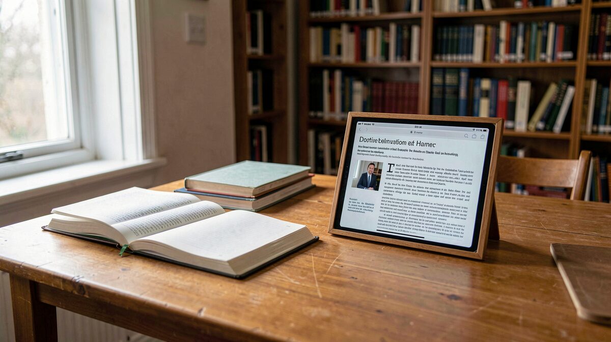 A researcher's desk in a library reading room, daylight from a side window, open notebooks beside a tablet showing an article page, framed as a still life of study materials.