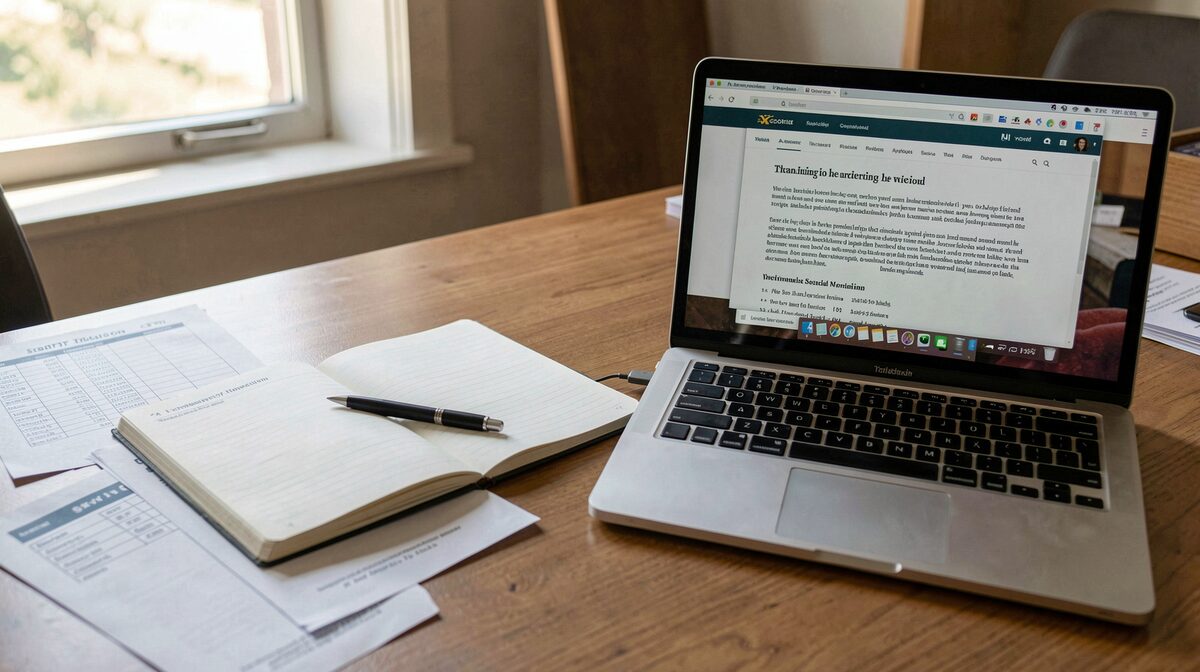 A museum office desk in daylight with printed training schedules, an open notebook and a laptop showing an article page.