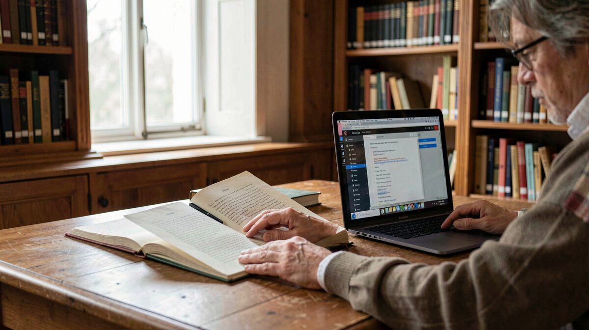 A researcher at a wooden library table comparing an open archival folder with a laptop screen, daylight from a tall window, side framing that shows both documents.
