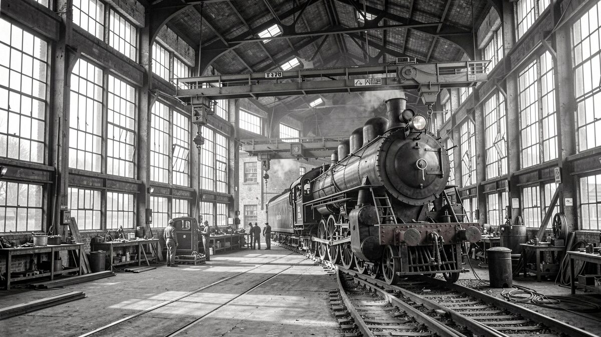A black and white photograph of a large Victorian railway erecting shop with overhead cranes and a steam locomotive under assembly, framed wide in natural light from tall factory windows.