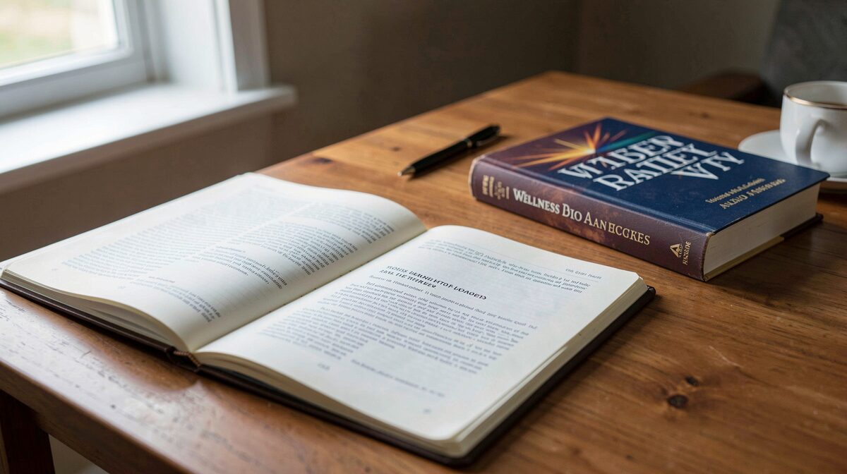 A reader's desk with an open notebook, a printed article page, and a library book on wellness history, lit by soft daylight from a side window, shot close up at a slight angle.
